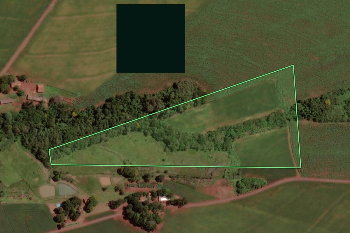 Imagem de satélite do imóvel rural em Marechal Cândido Rondon (PR), com o contorno declarado no CAR desenhado por cima.