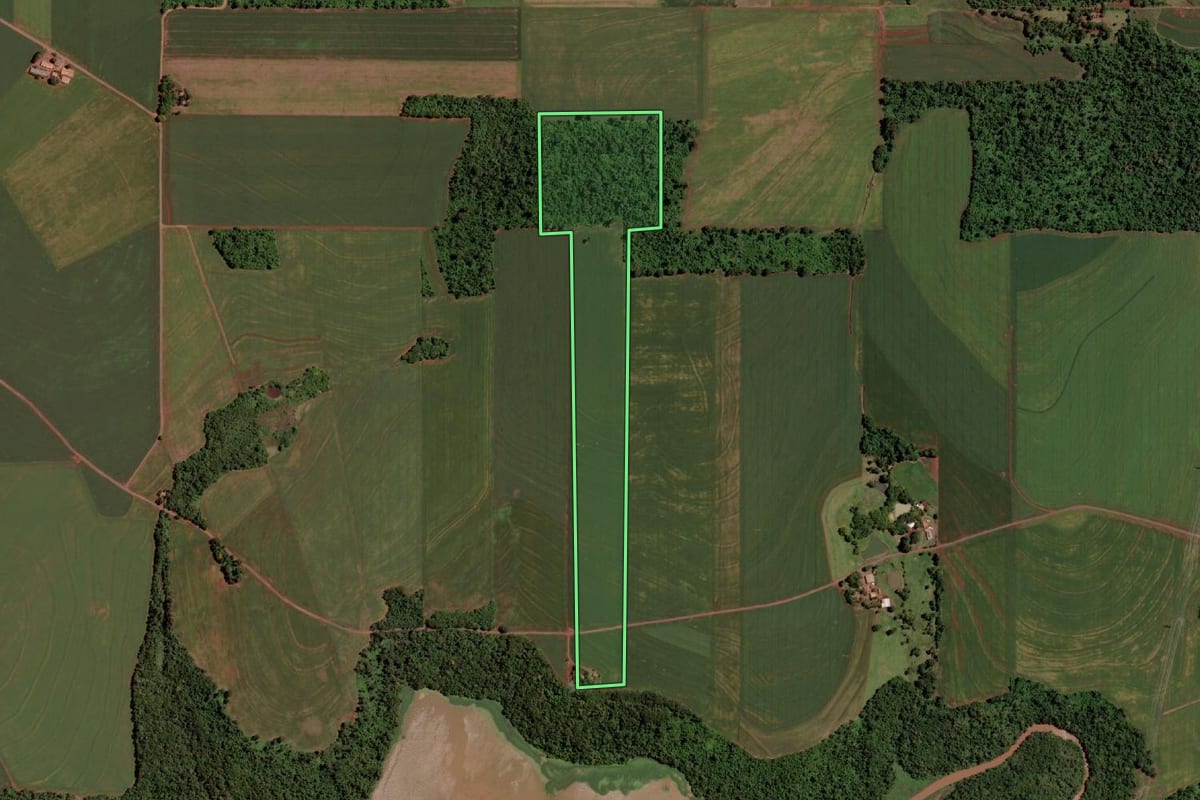 Imagem de satélite do imóvel rural em Marechal Cândido Rondon (PR), com o contorno declarado no CAR desenhado por cima.