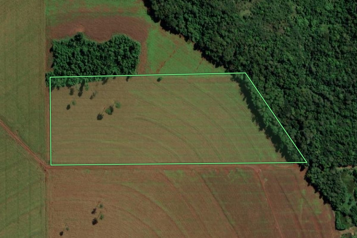 Imagem de satélite do imóvel rural em Marechal Cândido Rondon (PR), com o contorno declarado no CAR desenhado por cima.