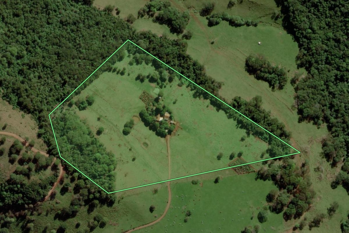 Imagem de satélite do imóvel rural em Marechal Cândido Rondon (PR), com o contorno declarado no CAR desenhado por cima.