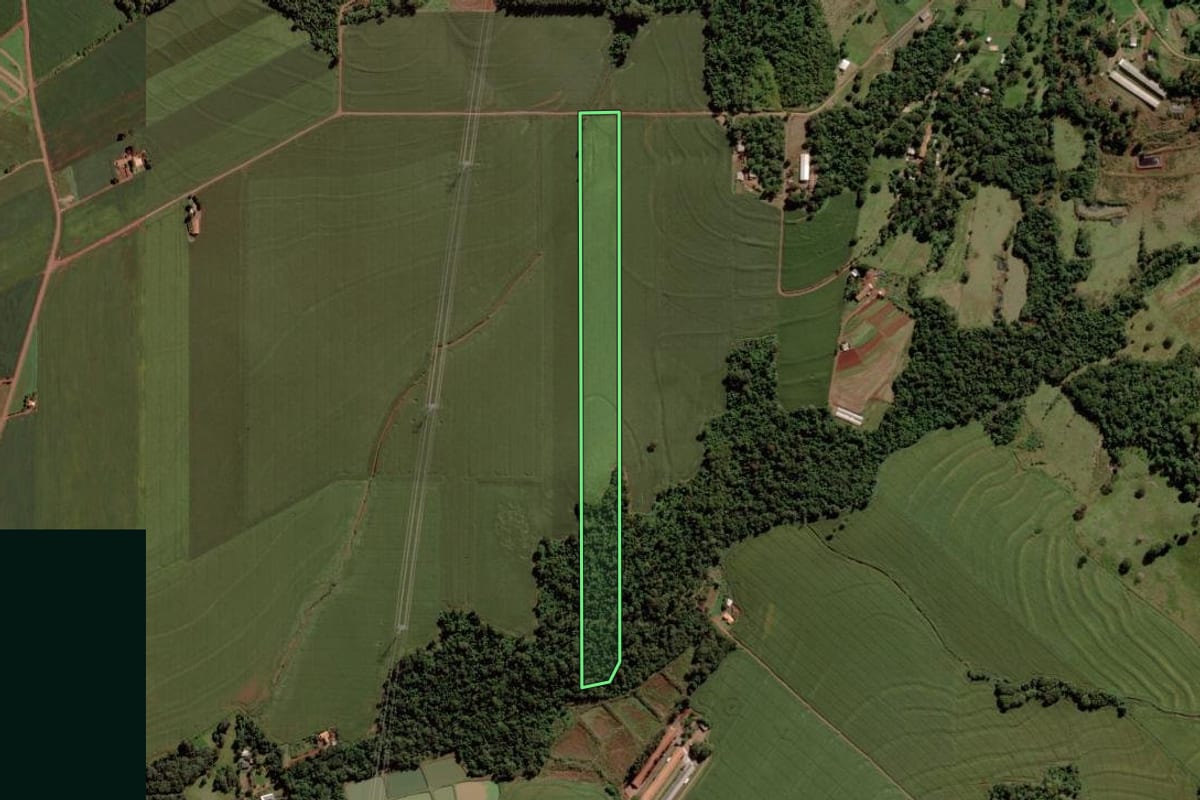 Imagem de satélite do imóvel rural em Marechal Cândido Rondon (PR), com o contorno declarado no CAR desenhado por cima.