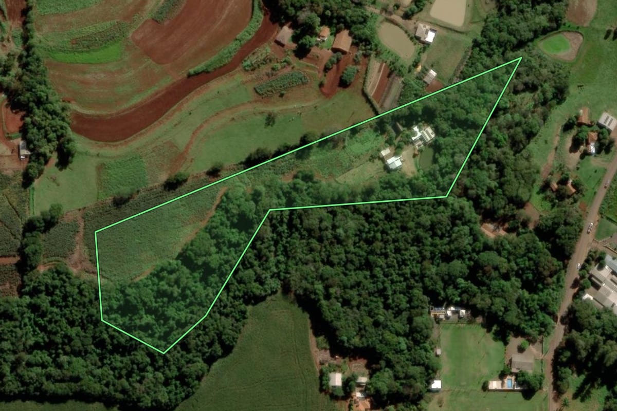 Imagem de satélite do imóvel rural em Marechal Cândido Rondon (PR), com o contorno declarado no CAR desenhado por cima.