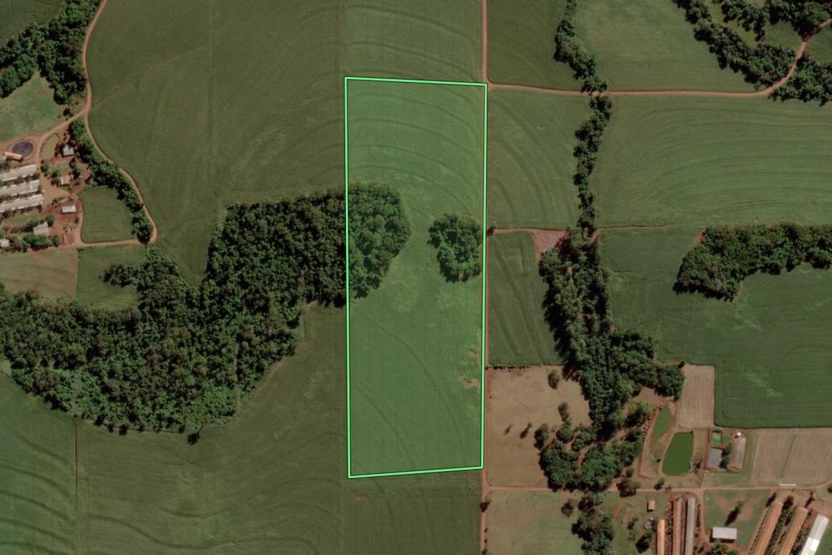 Imagem de satélite do imóvel rural em Marechal Cândido Rondon (PR), com o contorno declarado no CAR desenhado por cima.