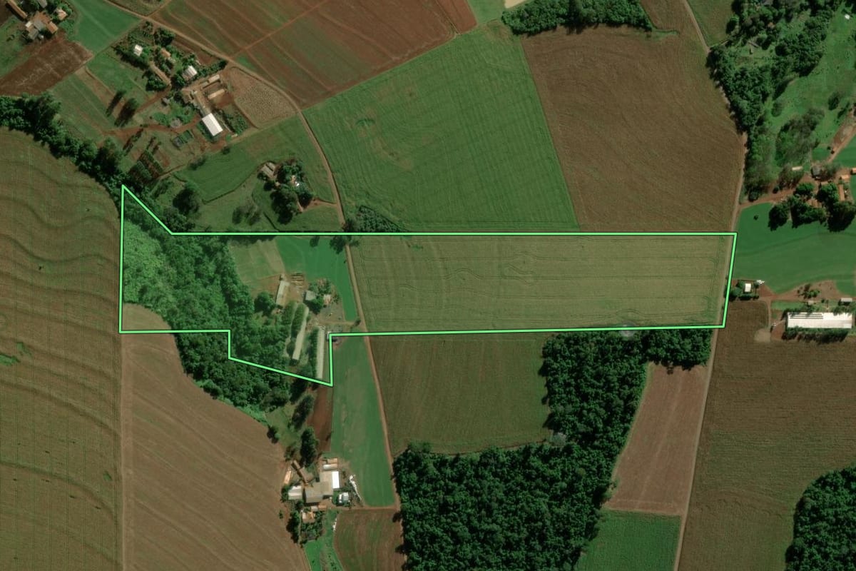 Imagem de satélite do imóvel rural em Marechal Cândido Rondon (PR), com o contorno declarado no CAR desenhado por cima.