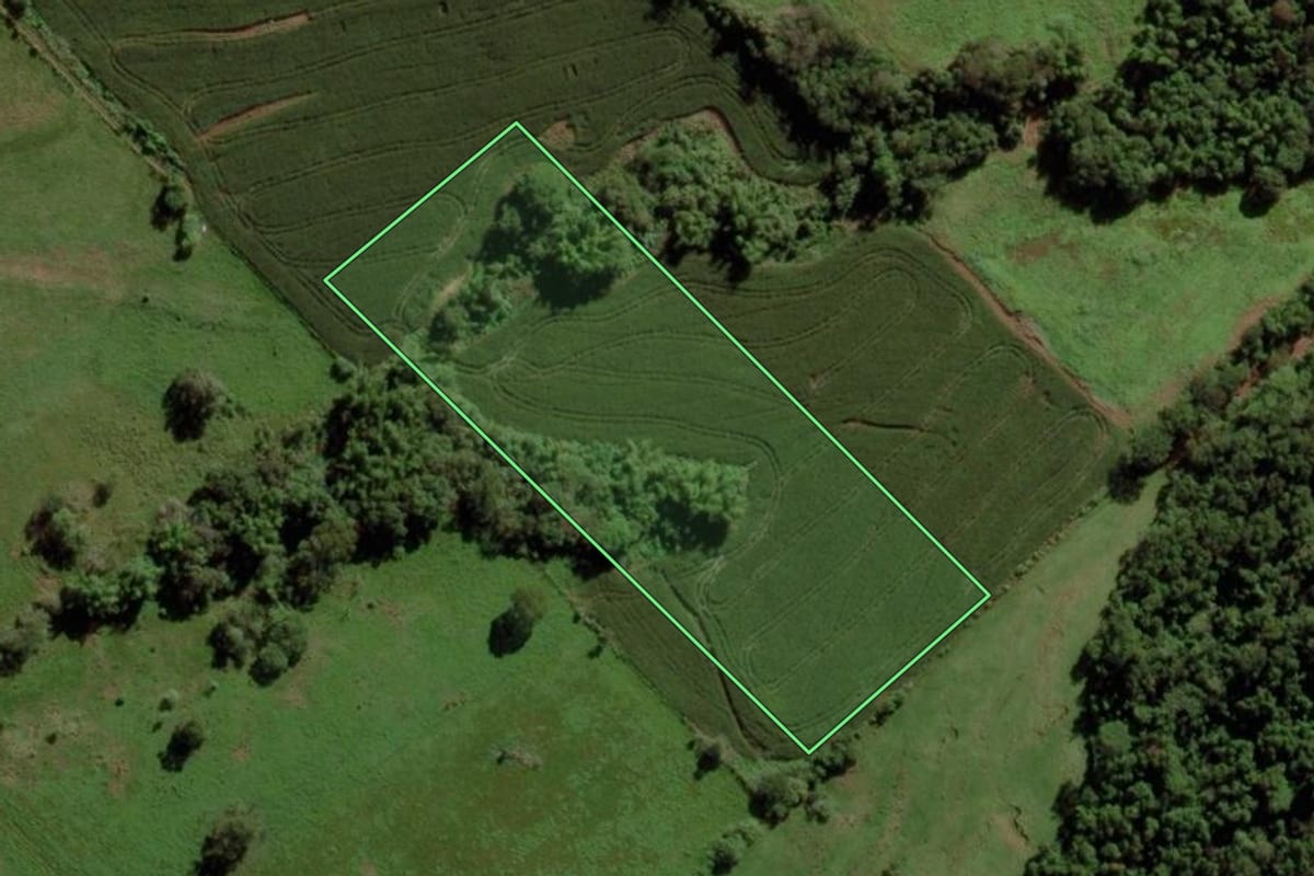 Imagem de satélite do imóvel rural em Marechal Cândido Rondon (PR), com o contorno declarado no CAR desenhado por cima.