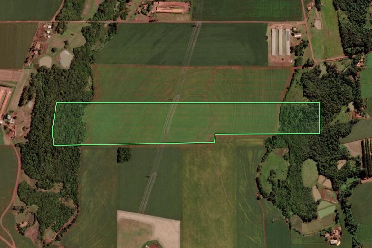 Imagem de satélite do imóvel rural em Marechal Cândido Rondon (PR), com o contorno declarado no CAR desenhado por cima.