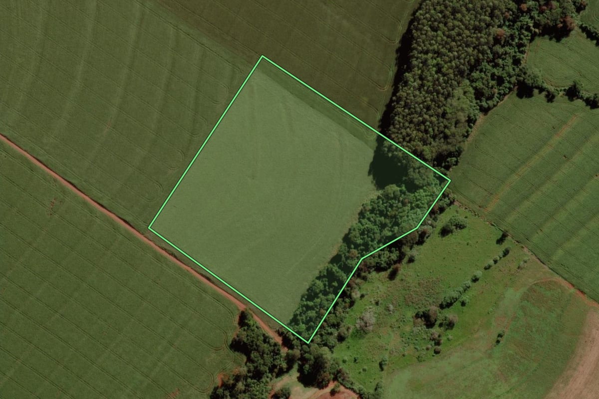 Imagem de satélite do imóvel rural em Marechal Cândido Rondon (PR), com o contorno declarado no CAR desenhado por cima.