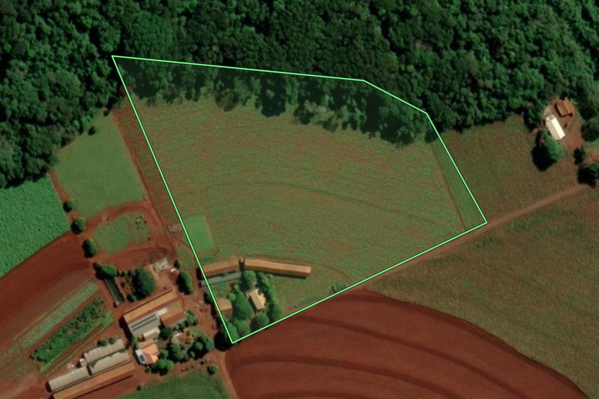 Imagem de satélite do imóvel rural em Marechal Cândido Rondon (PR), com o contorno declarado no CAR desenhado por cima.