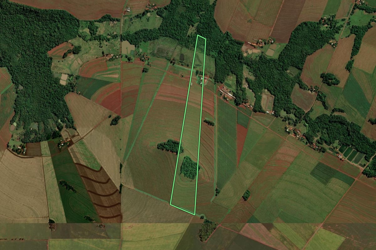 Imagem de satélite do imóvel rural em Marechal Cândido Rondon (PR), com o contorno declarado no CAR desenhado por cima.