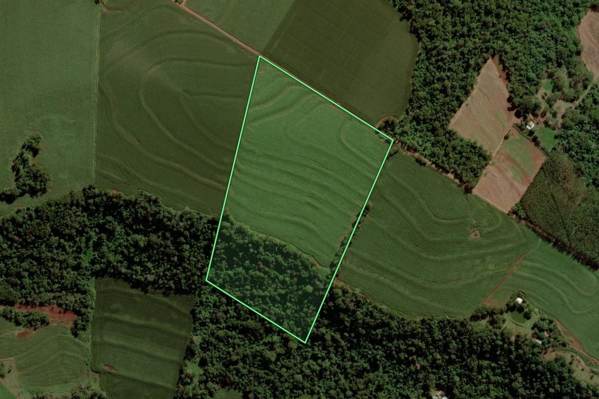 Imagem de satélite do imóvel rural em Marechal Cândido Rondon (PR), com o contorno declarado no CAR desenhado por cima.