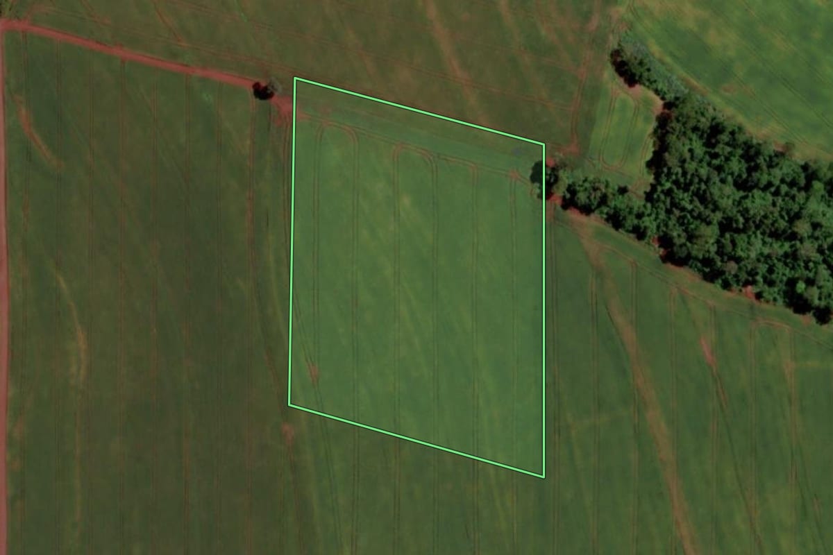 Imagem de satélite do imóvel rural em Marechal Cândido Rondon (PR), com o contorno declarado no CAR desenhado por cima.