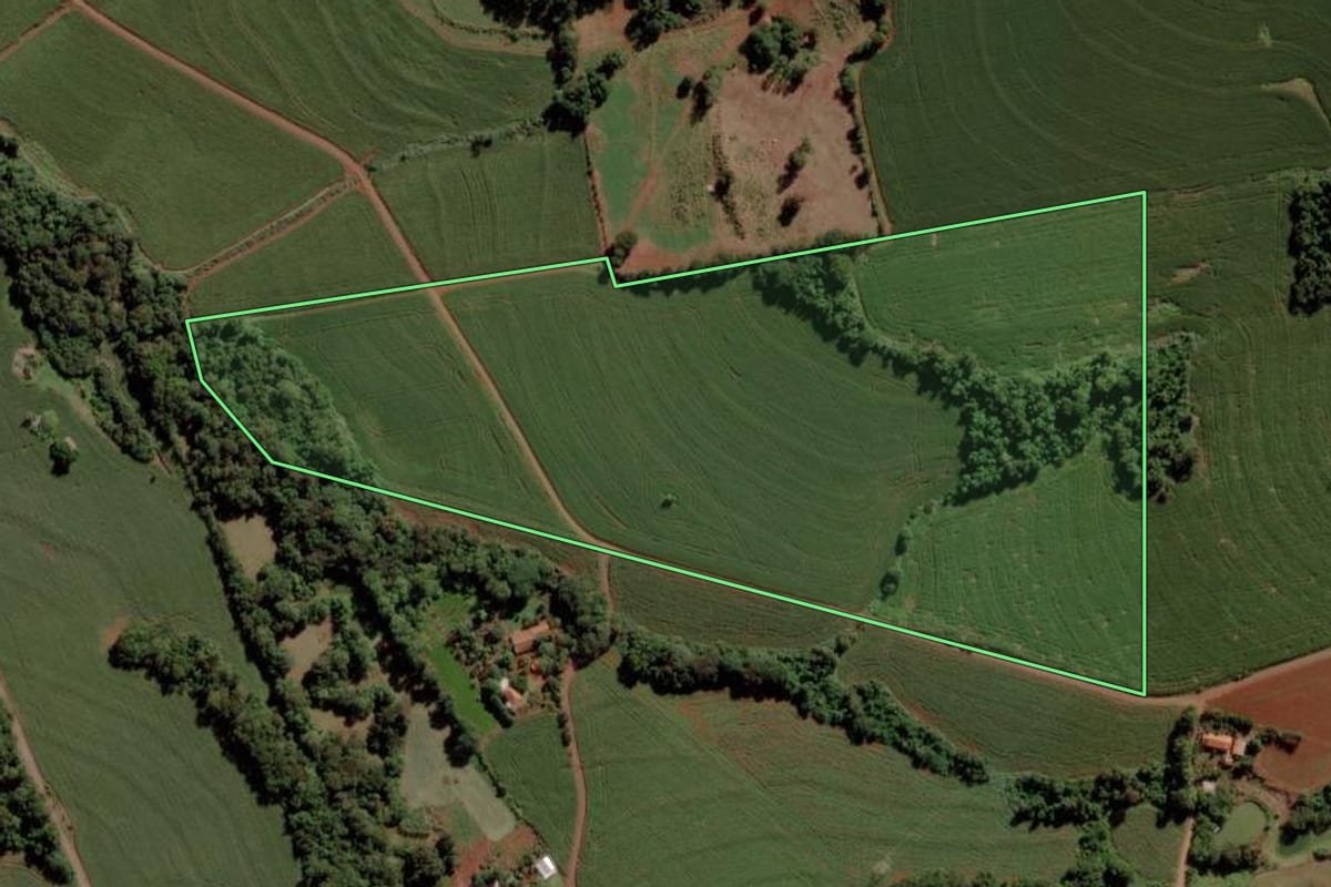 Imagem de satélite do imóvel rural em Marechal Cândido Rondon (PR), com o contorno declarado no CAR desenhado por cima.