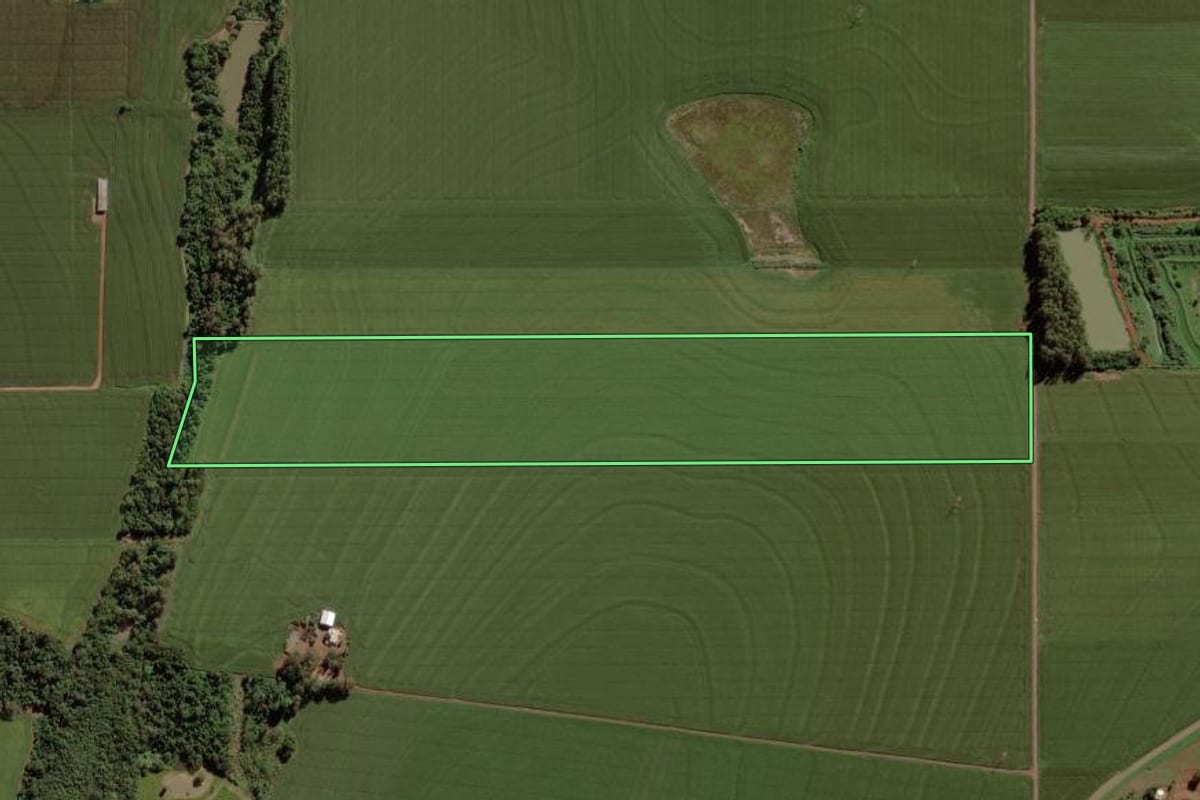 Imagem de satélite do imóvel rural em Marechal Cândido Rondon (PR), com o contorno declarado no CAR desenhado por cima.
