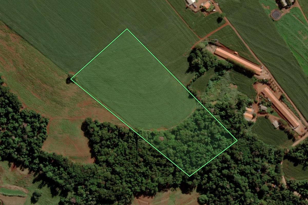 Imagem de satélite do imóvel rural em Marechal Cândido Rondon (PR), com o contorno declarado no CAR desenhado por cima.
