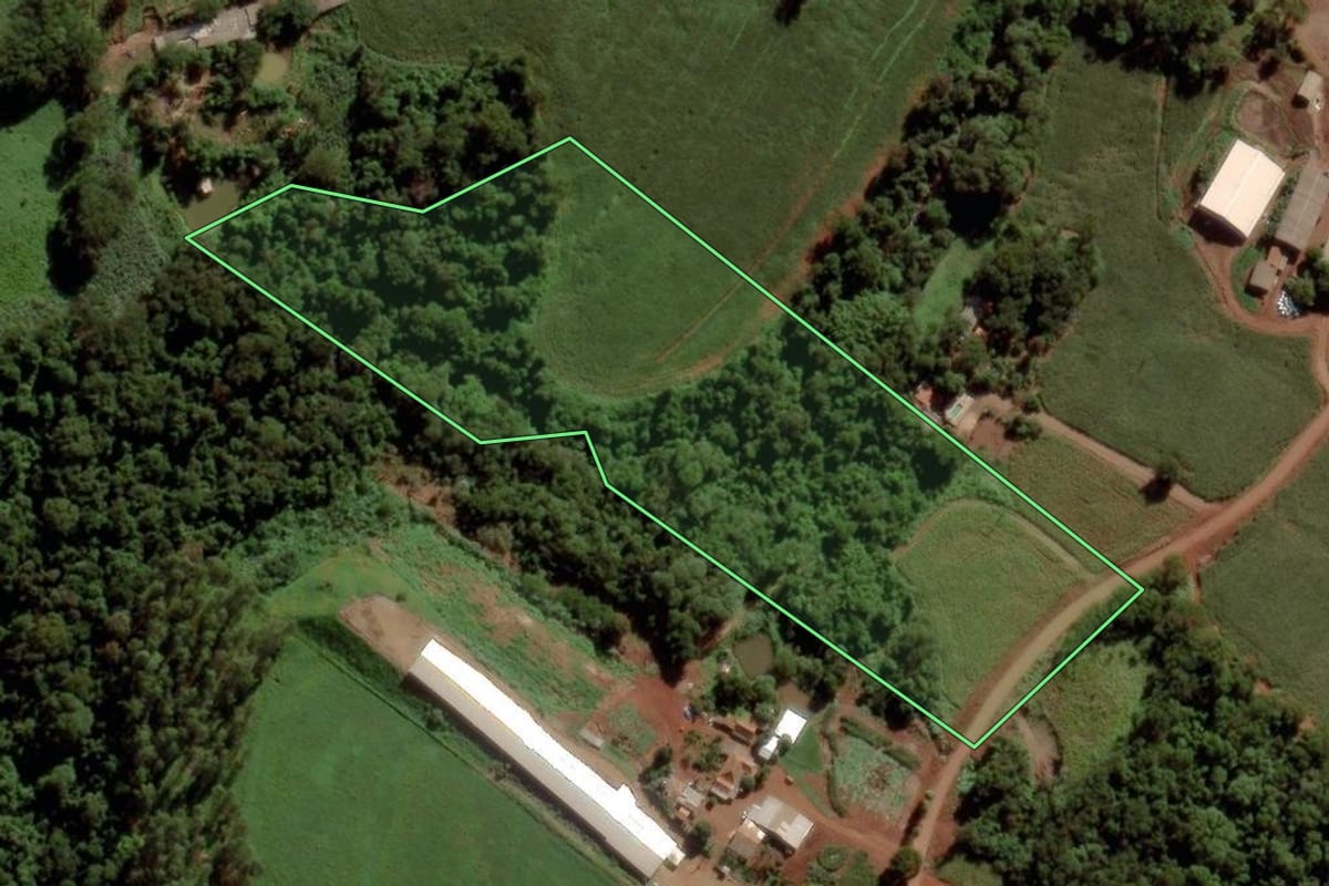 Imagem de satélite do imóvel rural em Marechal Cândido Rondon (PR), com o contorno declarado no CAR desenhado por cima.