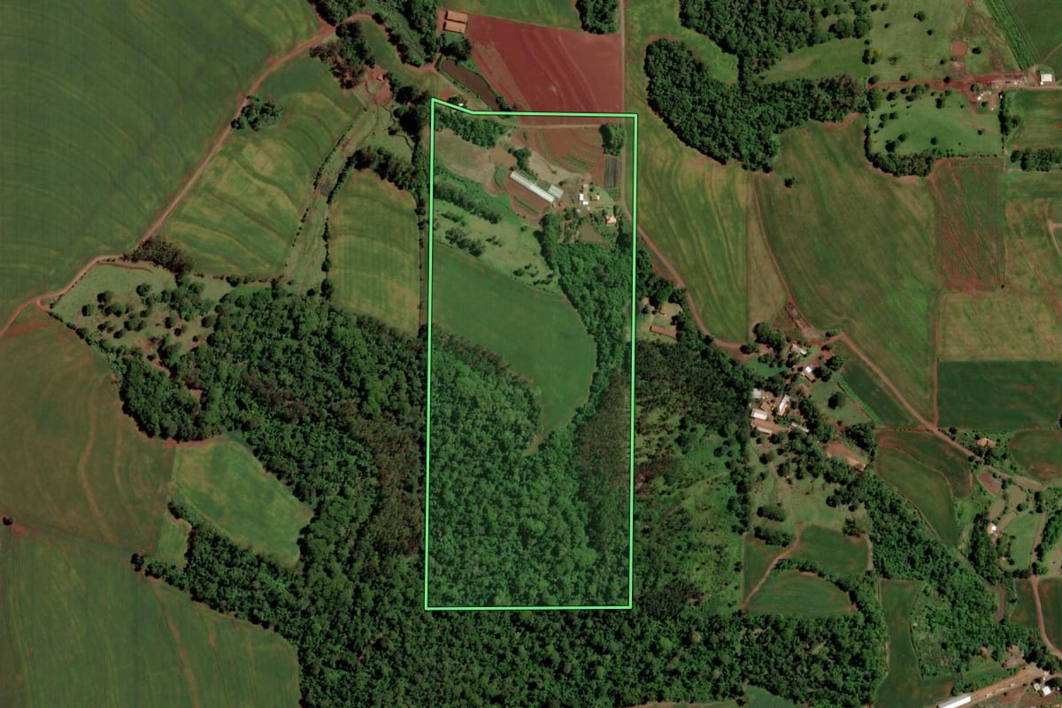Imagem de satélite do imóvel rural em Marechal Cândido Rondon (PR), com o contorno declarado no CAR desenhado por cima.