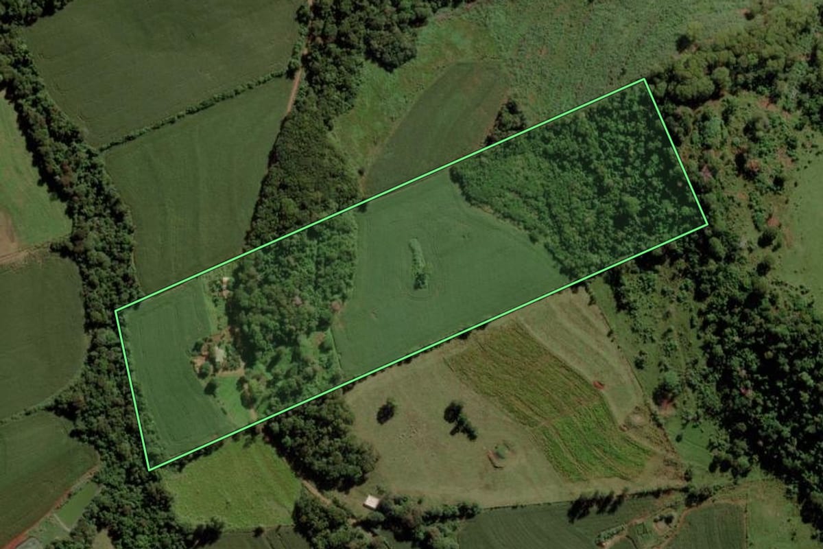 Imagem de satélite do imóvel rural em Marechal Cândido Rondon (PR), com o contorno declarado no CAR desenhado por cima.
