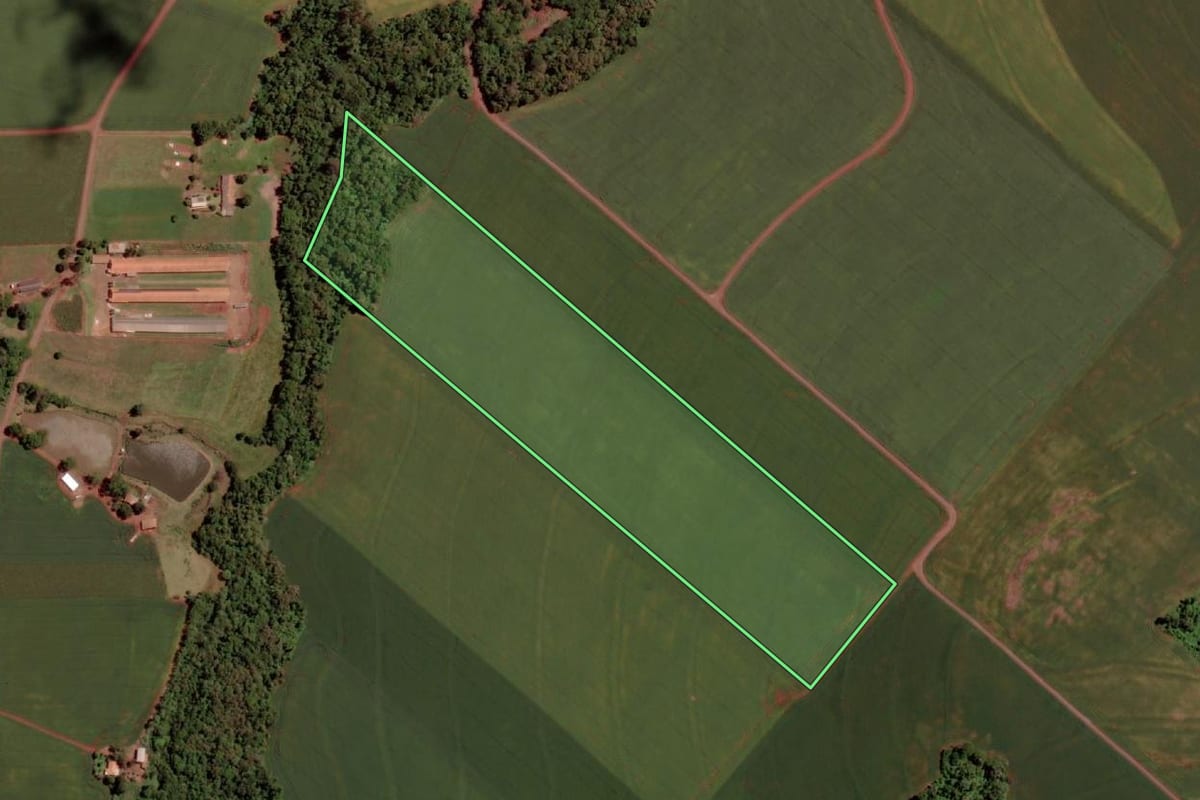 Imagem de satélite do imóvel rural em Marechal Cândido Rondon (PR), com o contorno declarado no CAR desenhado por cima.