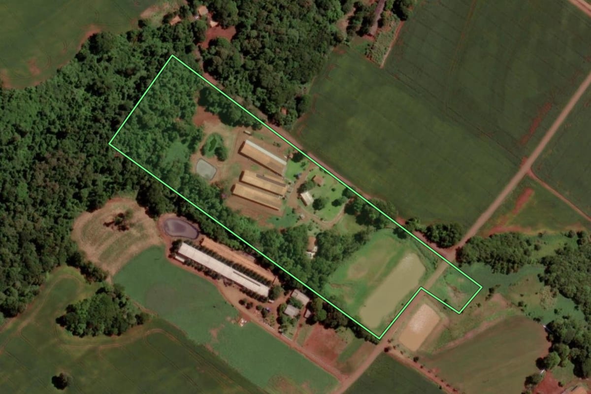 Imagem de satélite do imóvel rural em Marechal Cândido Rondon (PR), com o contorno declarado no CAR desenhado por cima.