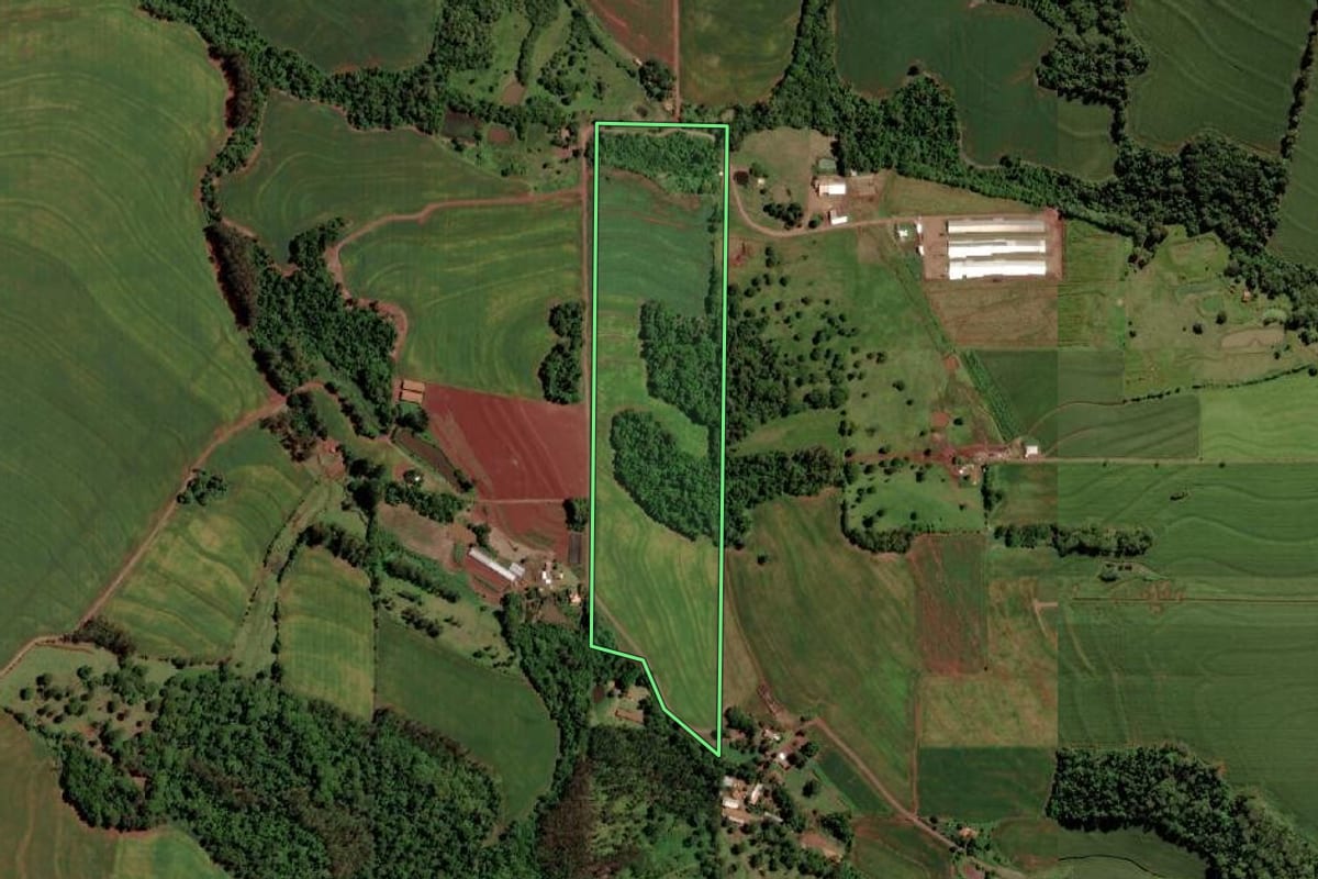 Imagem de satélite do imóvel rural em Marechal Cândido Rondon (PR), com o contorno declarado no CAR desenhado por cima.