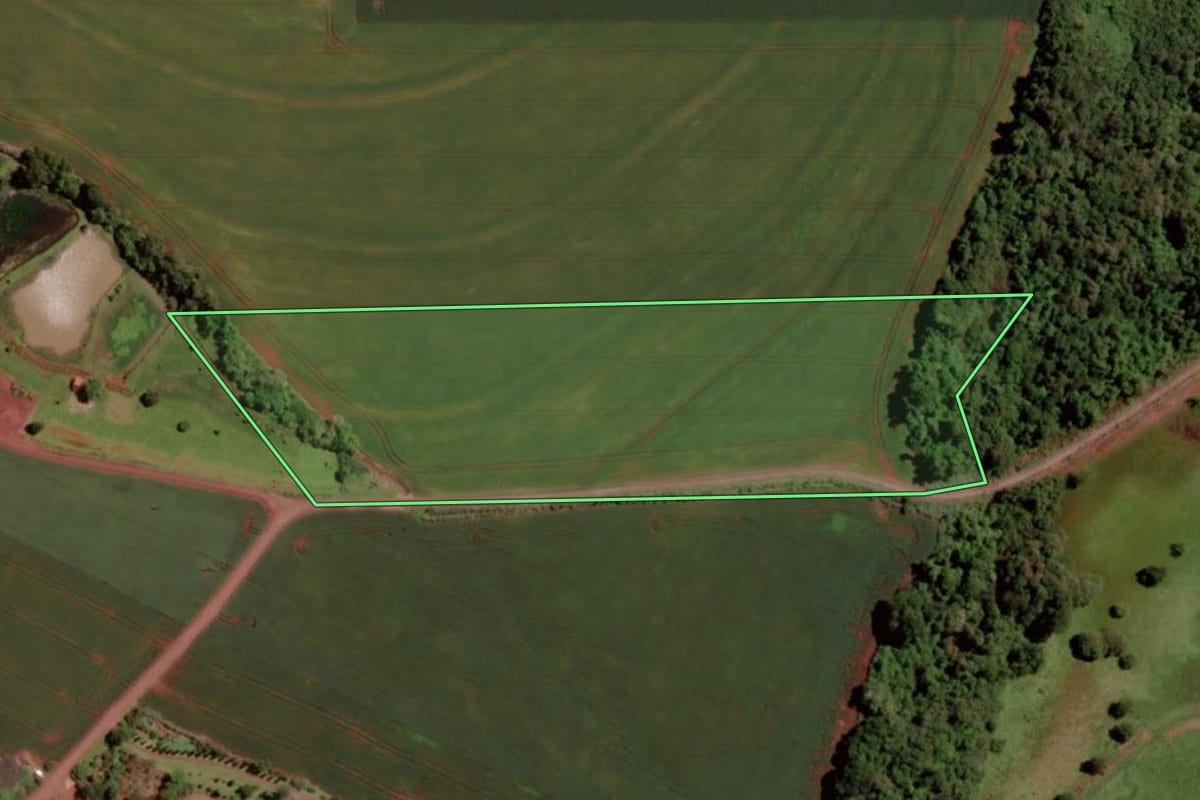 Imagem de satélite do imóvel rural em Marechal Cândido Rondon (PR), com o contorno declarado no CAR desenhado por cima.