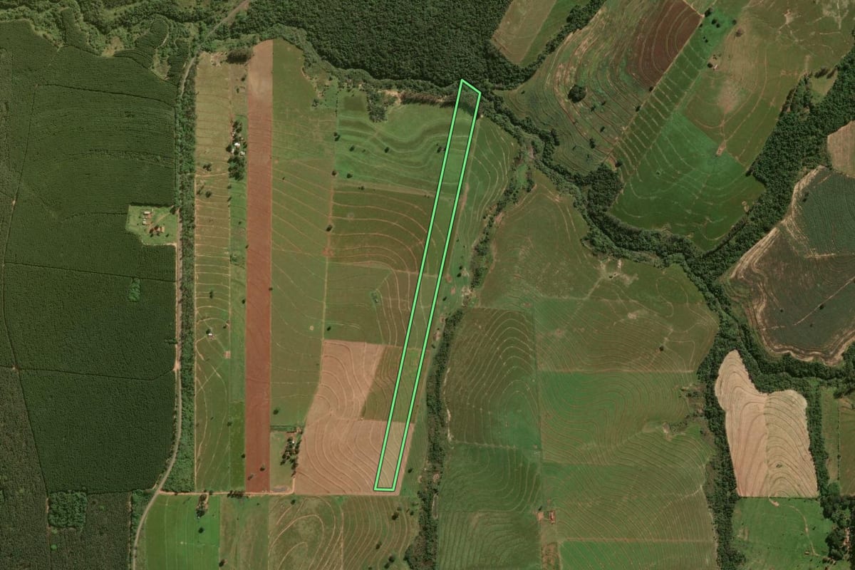 Imagem de satélite do imóvel rural em Maria Helena (PR), com o contorno declarado no CAR desenhado por cima.
