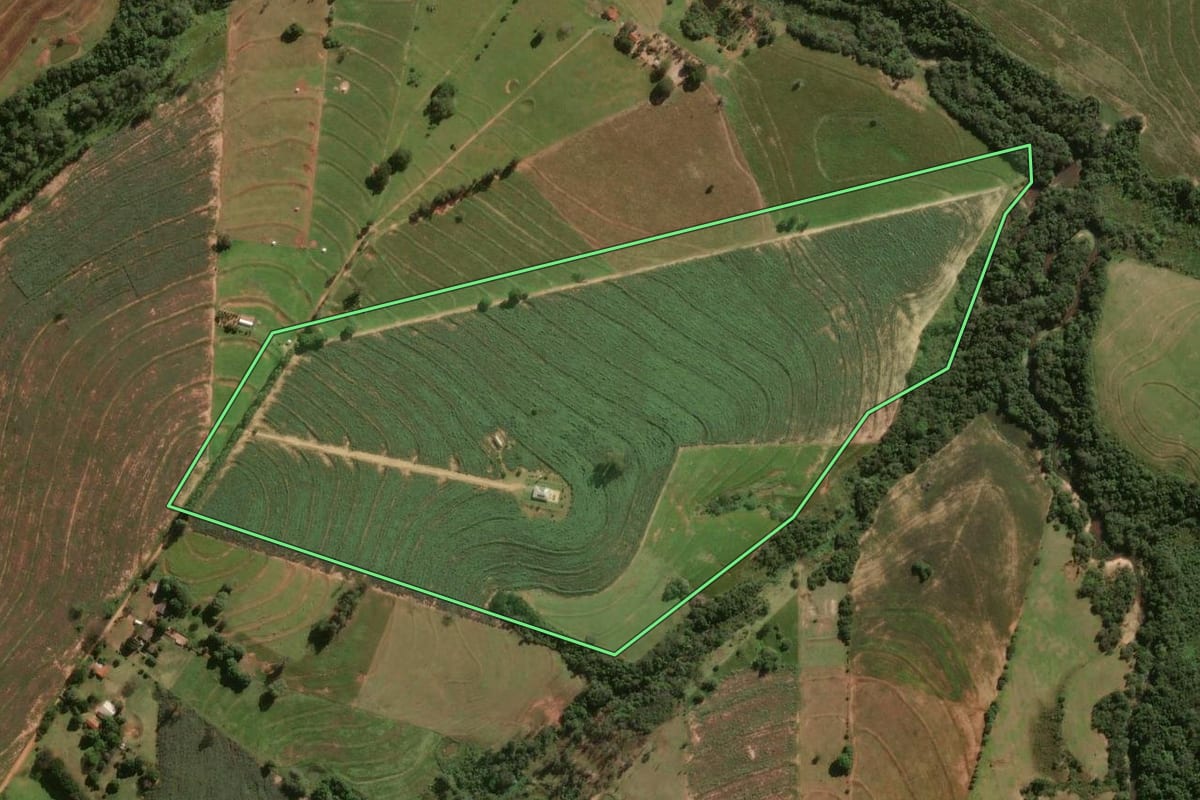Imagem de satélite do imóvel rural em Maria Helena (PR), com o contorno declarado no CAR desenhado por cima.