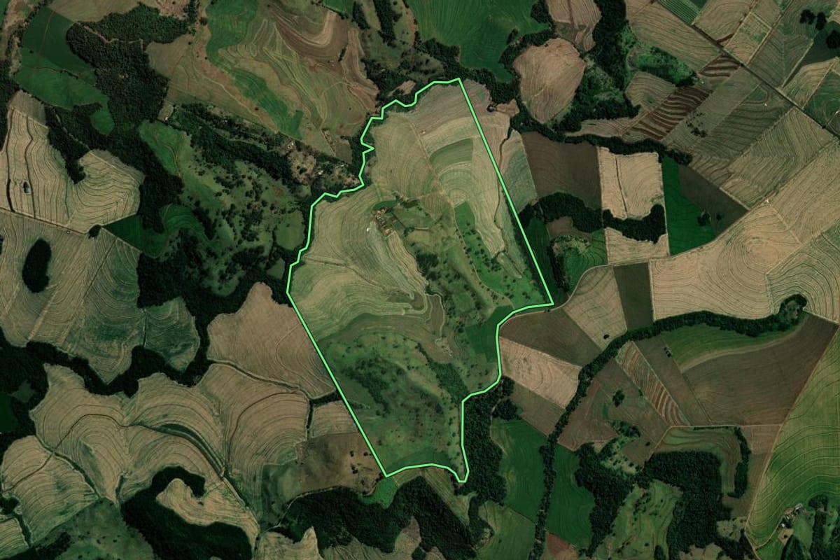 Imagem de satélite do imóvel rural em Marialva (PR), com o contorno declarado no CAR desenhado por cima.