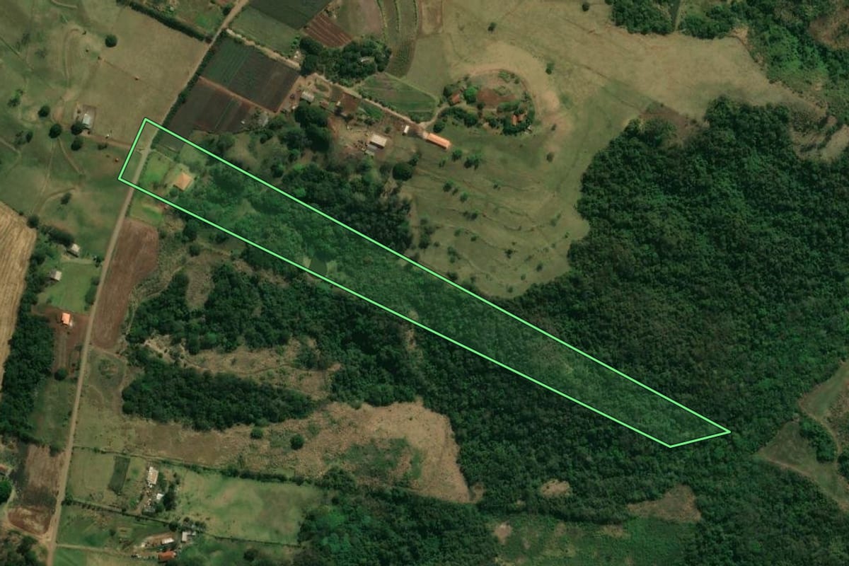 Imagem de satélite do imóvel rural em Marialva (PR), com o contorno declarado no CAR desenhado por cima.