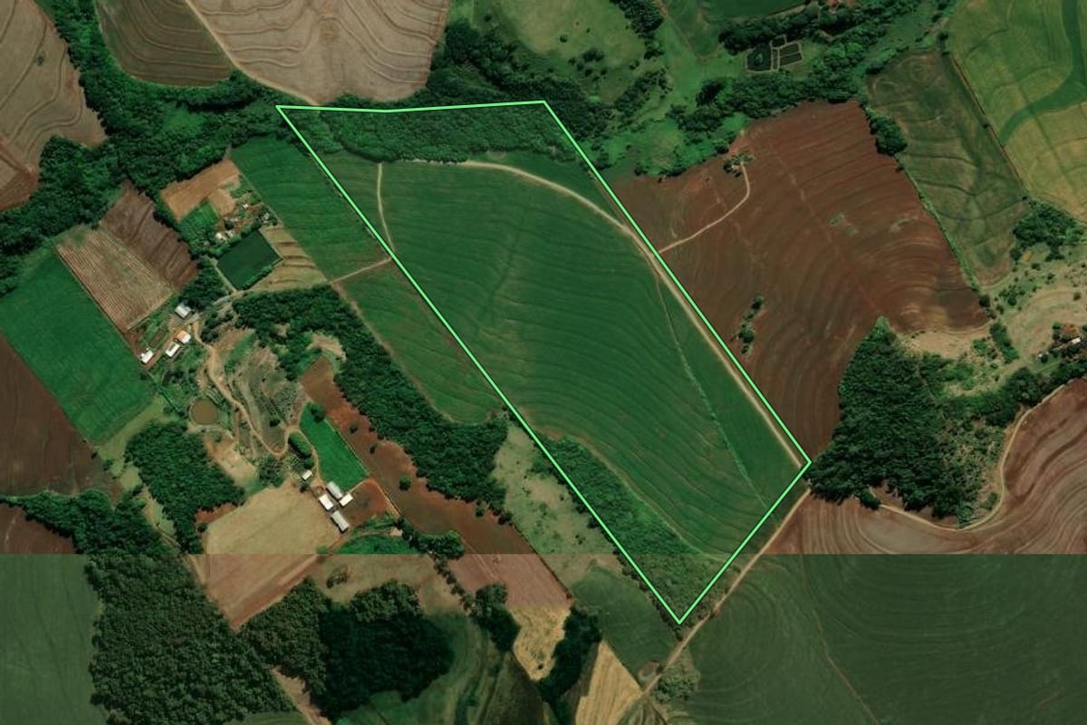 Imagem de satélite do imóvel rural em Marialva (PR), com o contorno declarado no CAR desenhado por cima.