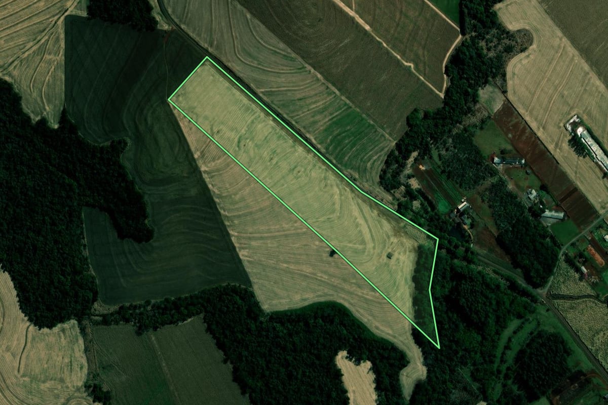 Imagem de satélite do imóvel rural em Marialva (PR), com o contorno declarado no CAR desenhado por cima.