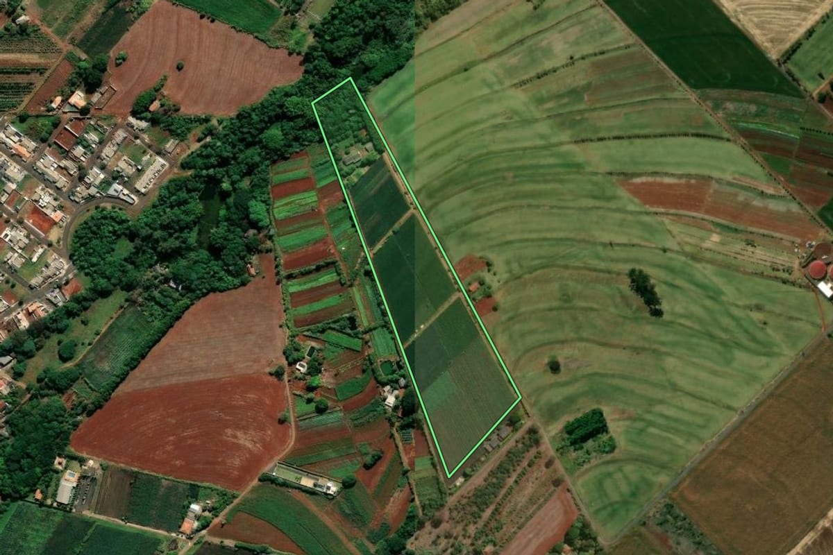 Imagem de satélite do imóvel rural em Marialva (PR), com o contorno declarado no CAR desenhado por cima.