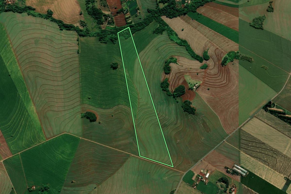 Imagem de satélite do imóvel rural em Marialva (PR), com o contorno declarado no CAR desenhado por cima.