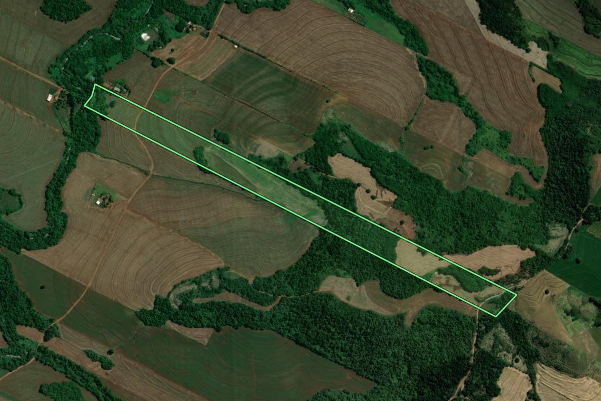 Imagem de satélite do imóvel rural em Marialva (PR), com o contorno declarado no CAR desenhado por cima.