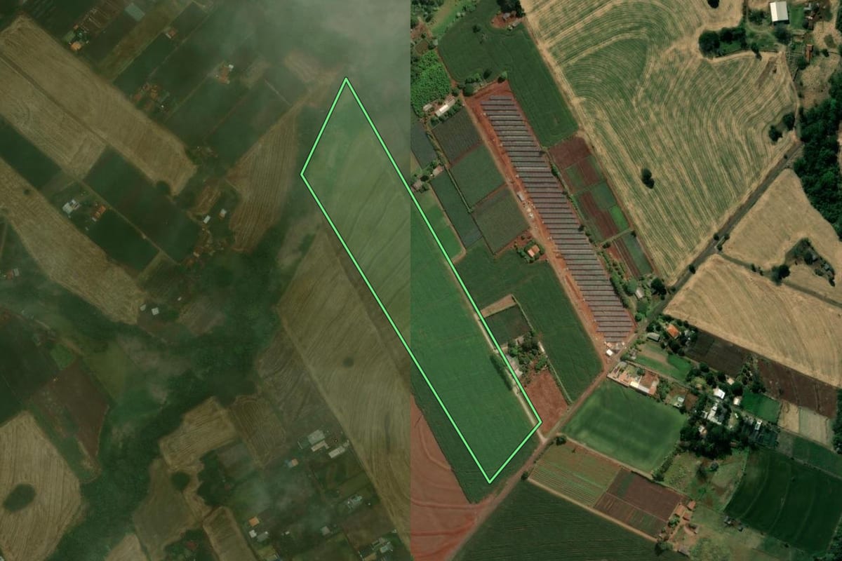 Imagem de satélite do imóvel rural em Marialva (PR), com o contorno declarado no CAR desenhado por cima.