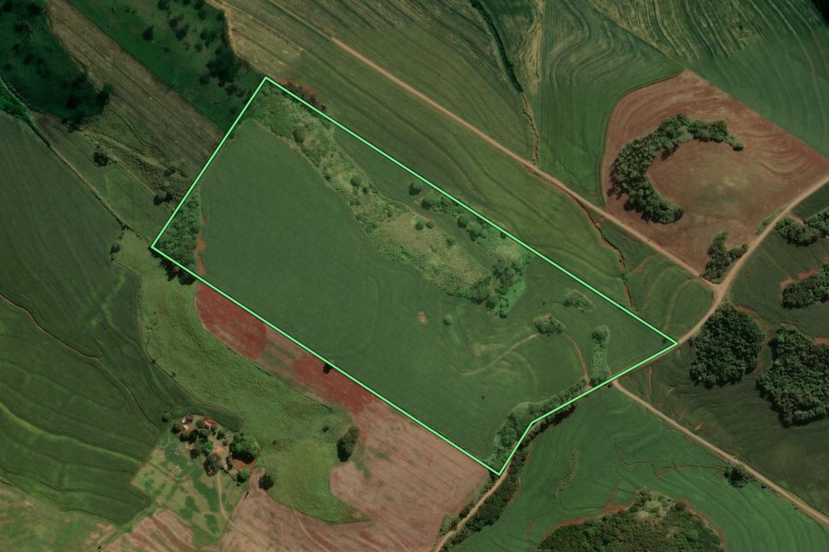 Imagem de satélite do imóvel rural em Marialva (PR), com o contorno declarado no CAR desenhado por cima.