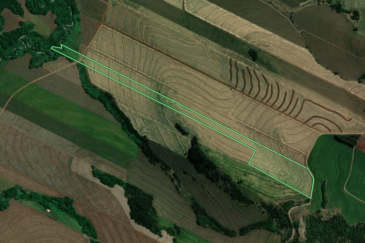 Imagem de satélite do imóvel rural em Marialva (PR), com o contorno declarado no CAR desenhado por cima.