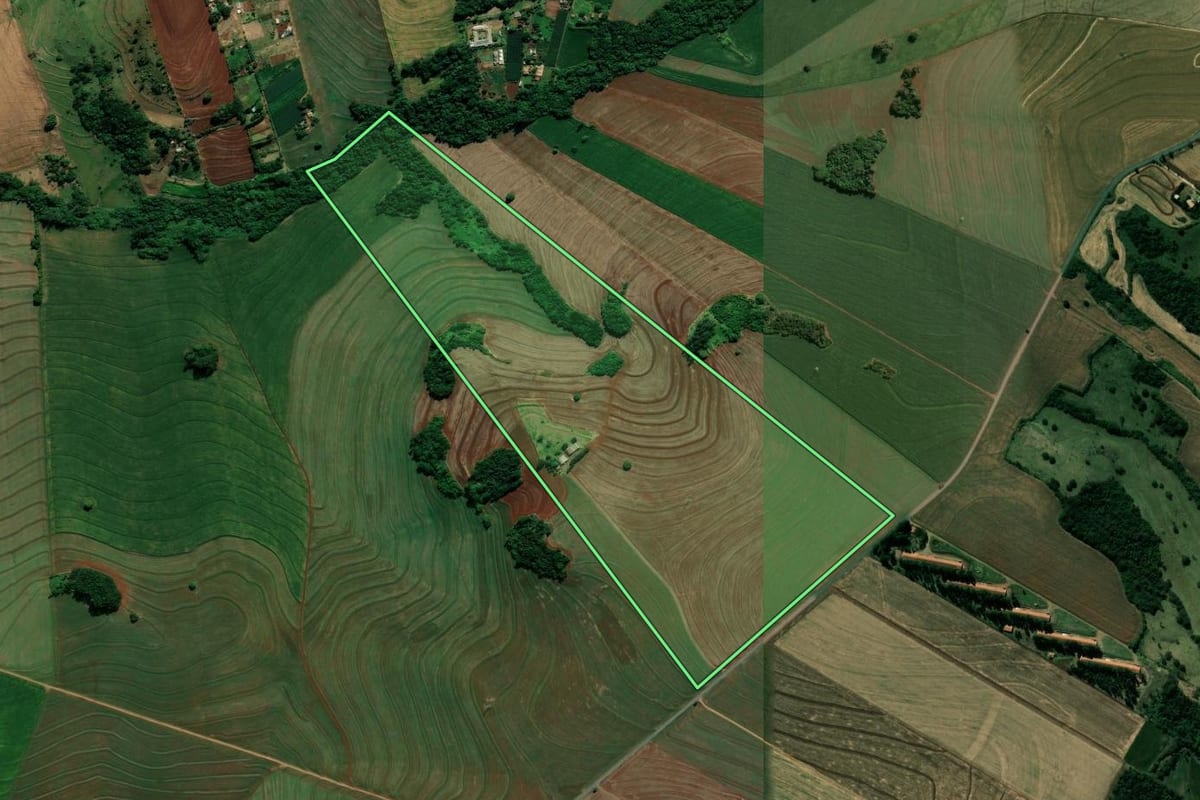 Imagem de satélite do imóvel rural em Marialva (PR), com o contorno declarado no CAR desenhado por cima.