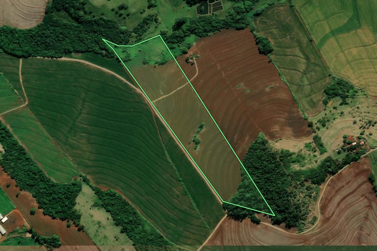Imagem de satélite do imóvel rural em Marialva (PR), com o contorno declarado no CAR desenhado por cima.