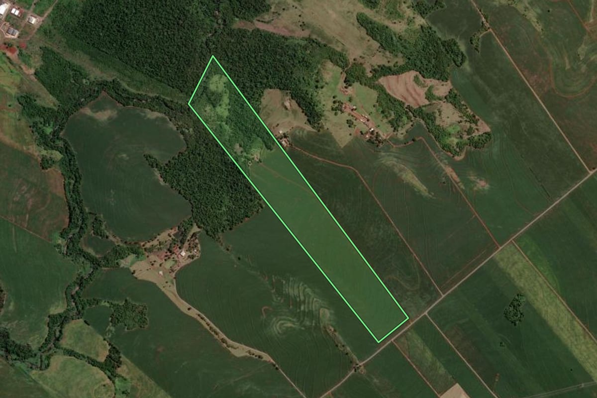 Imagem de satélite do imóvel rural em Marialva (PR), com o contorno declarado no CAR desenhado por cima.