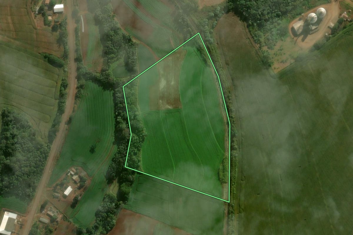 Imagem de satélite do imóvel rural em Marilândia do Sul (PR), com o contorno declarado no CAR desenhado por cima.