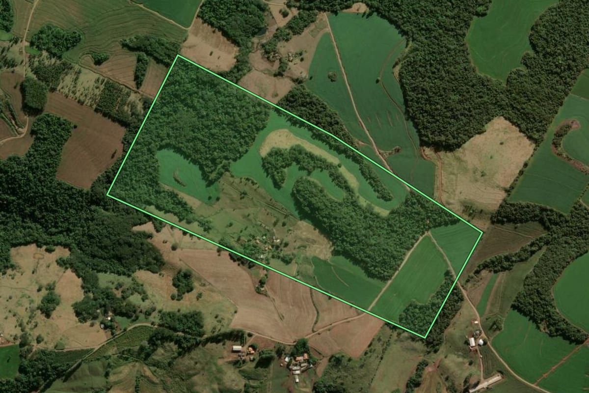 Imagem de satélite do imóvel rural em Marilândia do Sul (PR), com o contorno declarado no CAR desenhado por cima.