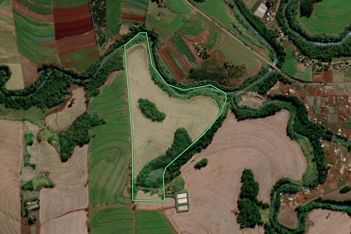 Imagem de satélite do imóvel rural em Marilândia do Sul (PR), com o contorno declarado no CAR desenhado por cima.