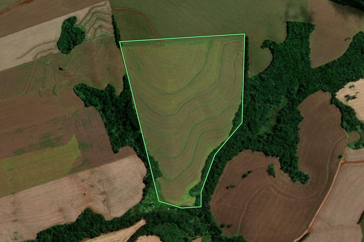 Imagem de satélite do imóvel rural em Marilândia do Sul (PR), com o contorno declarado no CAR desenhado por cima.