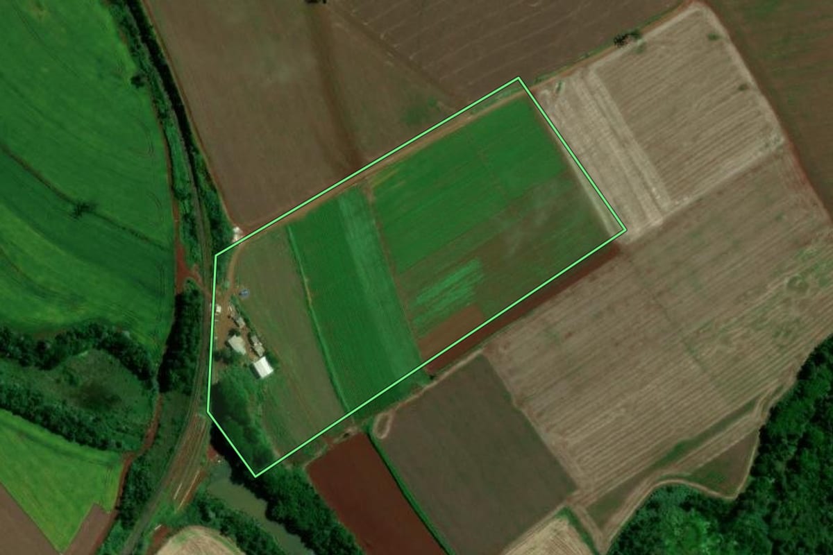Imagem de satélite do imóvel rural em Marilândia do Sul (PR), com o contorno declarado no CAR desenhado por cima.