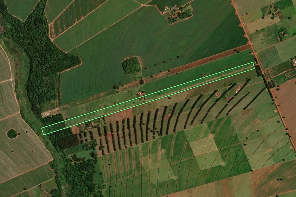 Imagem de satélite do imóvel rural em Marilena (PR), com o contorno declarado no CAR desenhado por cima.