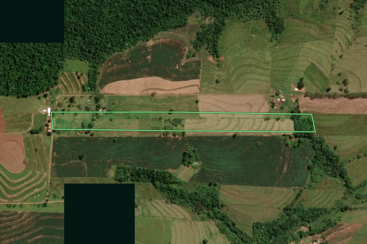 Imagem de satélite do imóvel rural em Mariluz (PR), com o contorno declarado no CAR desenhado por cima.