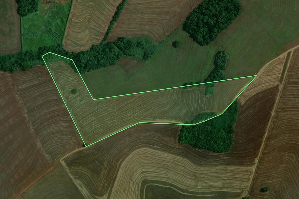 Imagem de satélite do imóvel rural em Maringá (PR), com o contorno declarado no CAR desenhado por cima.