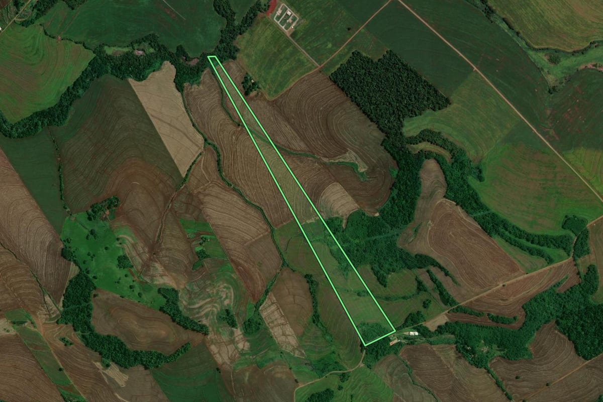 Imagem de satélite do imóvel rural em Maringá (PR), com o contorno declarado no CAR desenhado por cima.