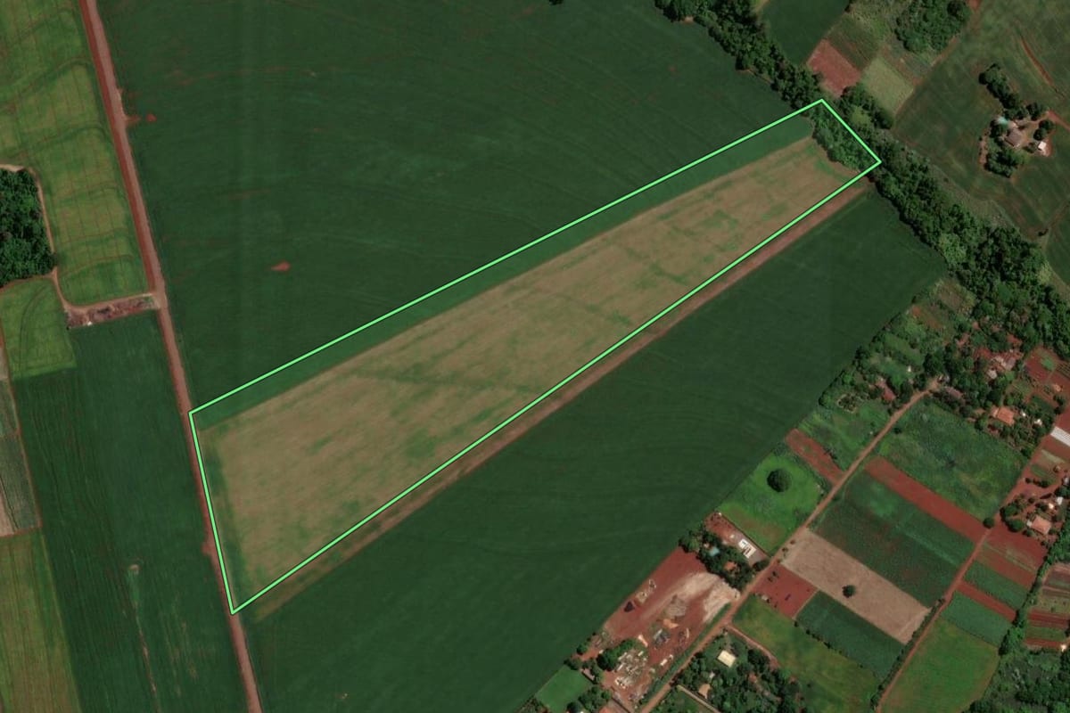 Imagem de satélite do imóvel rural em Maringá (PR), com o contorno declarado no CAR desenhado por cima.